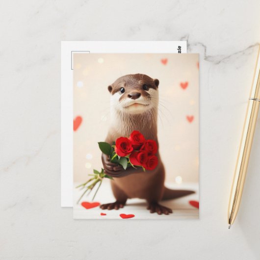 Schattige otter met rode rozen briefkaart (Voorkant / Achterkant in situ)