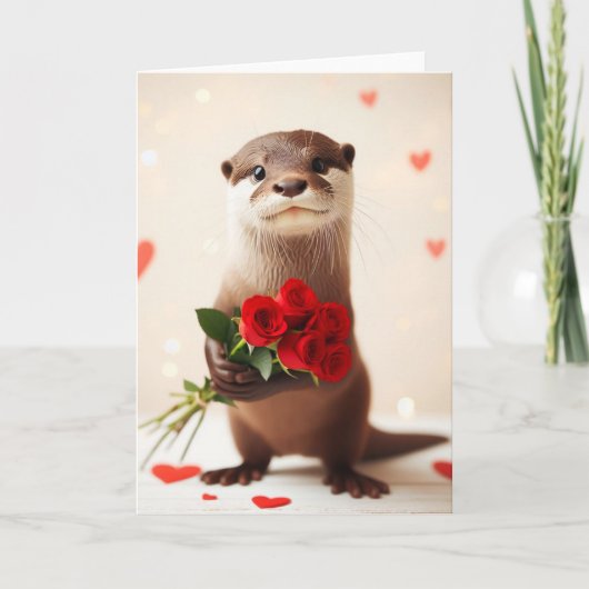 Schattige otter met rode rozen kaart (Voorkant)