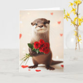 Schattige otter met rode rozen kaart (Gele Bloem)