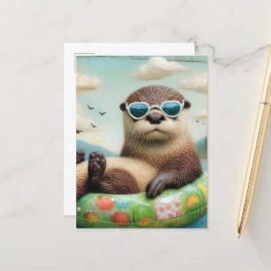 Schattige Otter op een Drijvende Ring Briefkaart