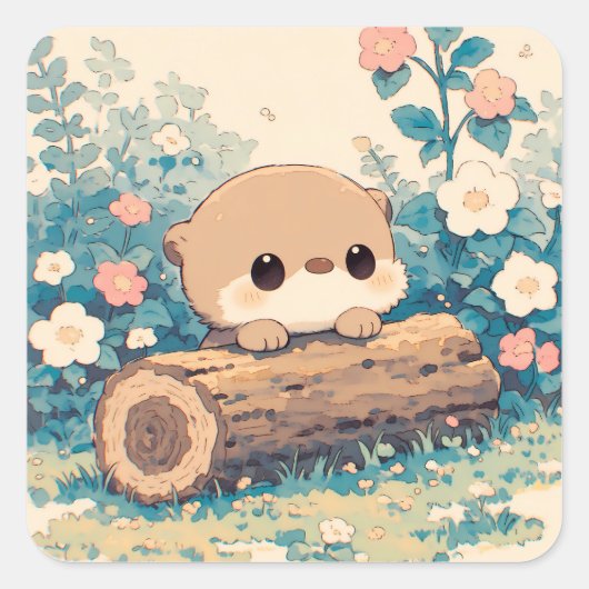 Schattige Otter Rustend op Holle Boomstam Vierkante Sticker (Voorkant)