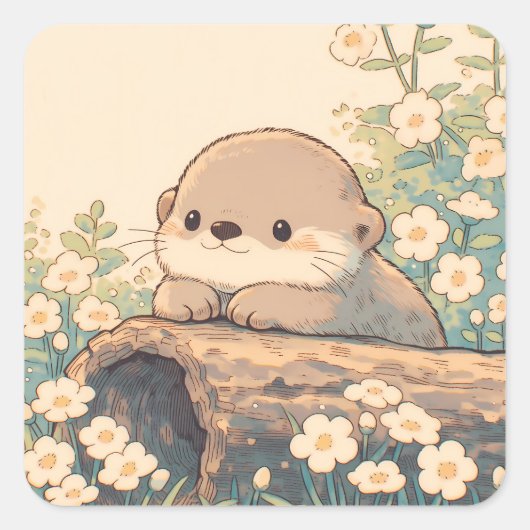 Schattige Otter Rustend op Holle Boomstam Vierkante Sticker (Voorkant)