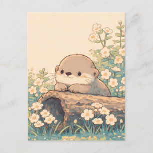 Schattige Otter Rustend op Stam in Bloemwei Briefkaart