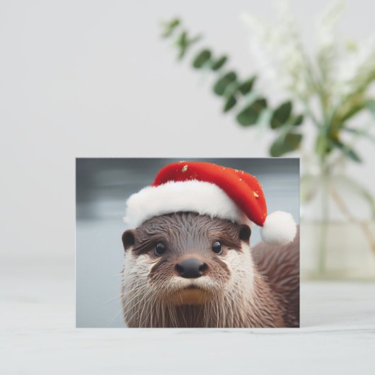 Schattige Otter Santa Hat Briefkaart (Staand voorkant)