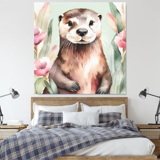 Schattige Otter Waterverf Canvas Afdruk (Insitu (Slaapkamer))
