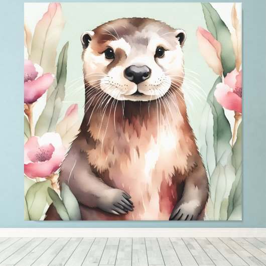 Schattige Otter Waterverf Canvas Afdruk (Insitu (Houten vloer))