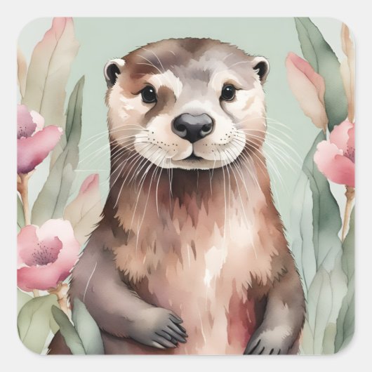 Schattige Otter Waterverf Vierkante Sticker (Voorkant)