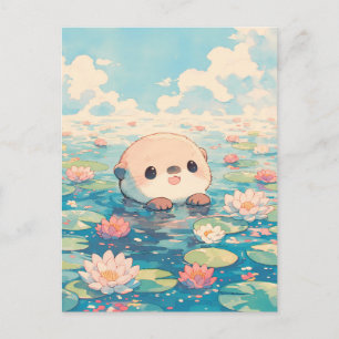 Schattige Otter Zwemt in Waterleliesvijver Briefkaart