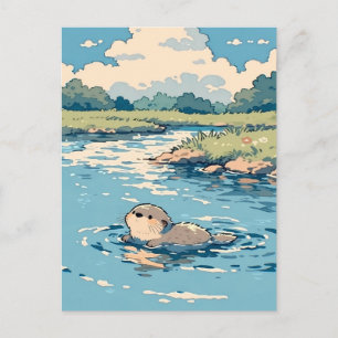 Schattige Otter Zwemt in Zonnige Zomer Rivier Briefkaart