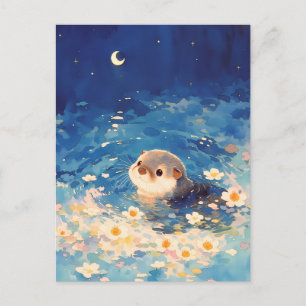 Schattige Otter Zwemt Onder Halve Maan Briefkaart