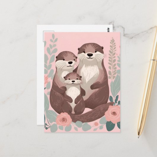 Schattige Otterfamilie Briefkaart (Voorkant / Achterkant in situ)
