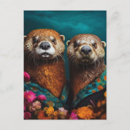 Schattige otters bloemenportret briefkaart