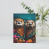 Schattige otters bloemenportret briefkaart (Staand voorkant)