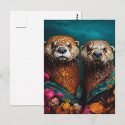 Schattige otters bloemenportret briefkaart (Voorkant / Achterkant)
