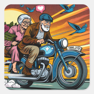 Schattige oud paar op motorfiets leven vierkante sticker