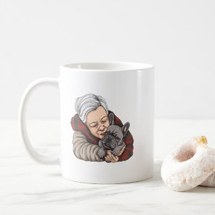 Schattige Oude Vrouw en Franse Bulldog Cartoon Por Koffiemok