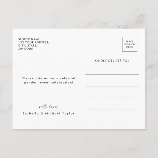 Schattige Over de Maan Gender Reveal Party Uitnodiging Briefkaart (Achterkant)