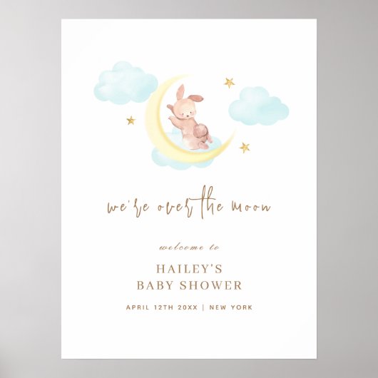Schattige over de Moon Bunny Baby shower Welkom Poster (Voorkant)