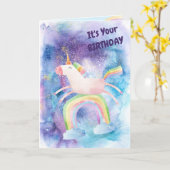 Schattige over de Rainbow Unicorn Verjaardag Kaart (Gele Bloem)