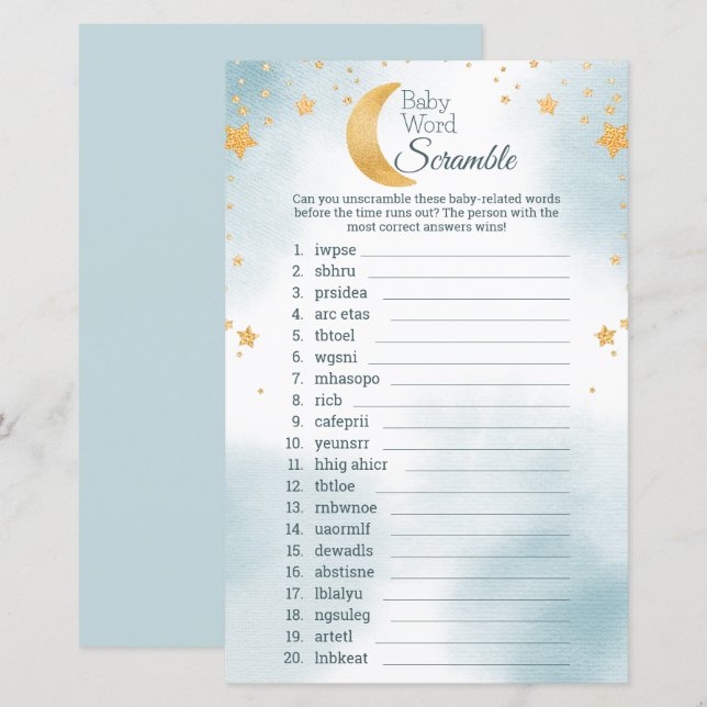 Schattige Over The Moon Baby shower Word Scramble  (Voorkant / Achterkant)