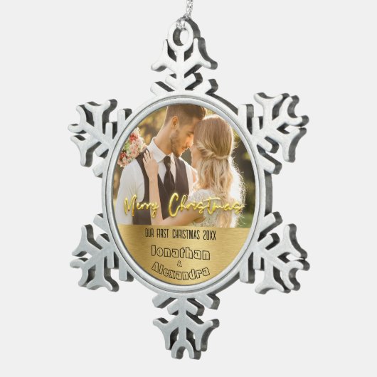 Schattige paar foto Eerste Kerstmis Luxe golden Tin Sneeuwvlok Ornament (Rechts)