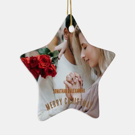 Schattige paar Luxuly foto Gouden bruine tekst Keramisch Ornament (Rechts)