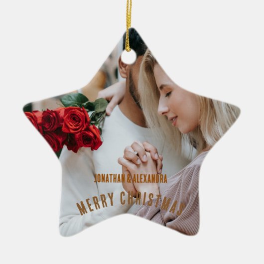 Schattige paar Luxuly foto Gouden bruine tekst Keramisch Ornament (Voorkant)