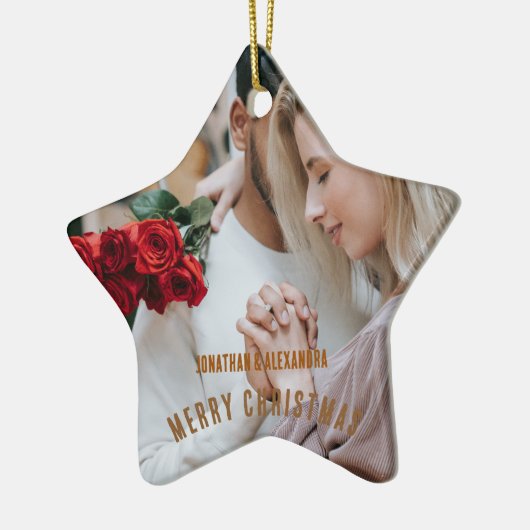 Schattige paar Luxuly foto Gouden bruine tekst Keramisch Ornament (Links)
