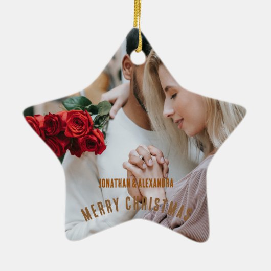 Schattige paar Luxuly foto Gouden bruine tekst Keramisch Ornament (Achterkant)