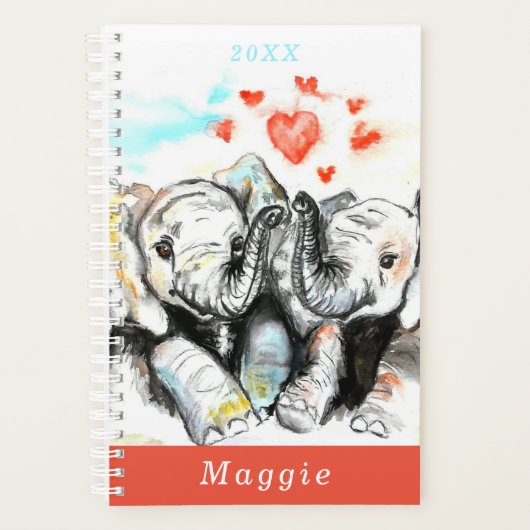 Schattige Paar Olifant Planner Custom Naam en Jaar (Voorkant)