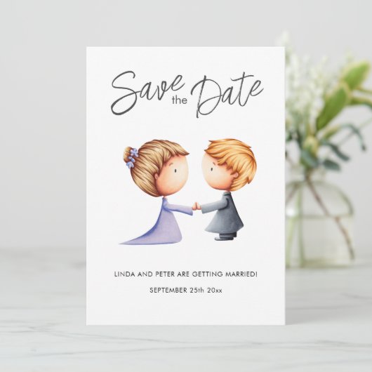 Schattige Paar Romantische Bruiloft Save The Date (Staand voorkant)