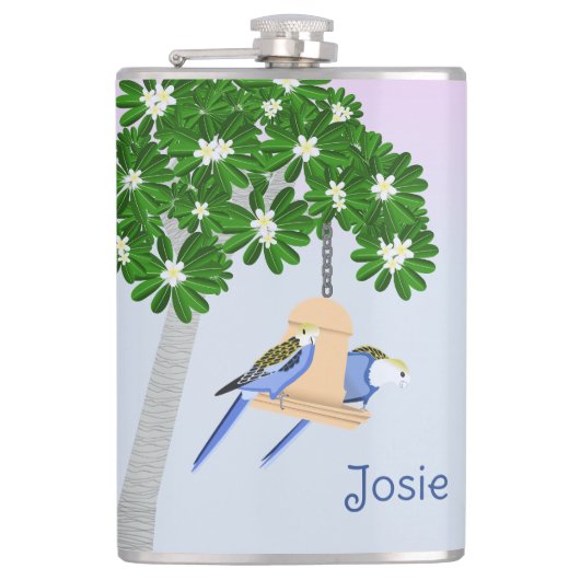 Schattige paar speelse papegaaien Rosellas Naam to Heupfles (Voorkant)