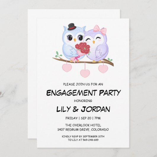 Schattige paar uil cartoon verloving uitnodigingen (Voorkant / Achterkant)