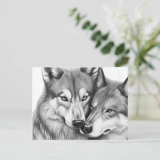 Schattige paar wolf dier in liefde hart briefkaart (Staand voorkant)