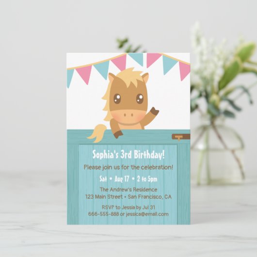 Schattige Paard Blauw Stabiel Meisjes Verjaardagsf Kaart (Staand voorkant)