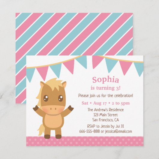 Schattige Paard Bunting Vlaggen Meisjes Verjaardag Kaart (Voorkant / Achterkant)