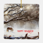 Schattige Paard In De wei Met Kardinalen Kerst Keramisch Ornament (Achterkant)