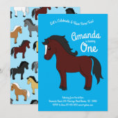 Schattige Paard Kinder 1e Verjaardag Party Blauw Kaart (Voorkant / Achterkant)
