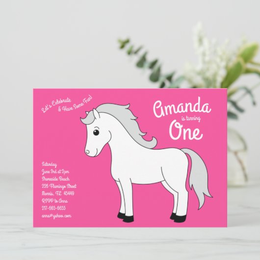 Schattige Paard Kinder 1e Verjaardag Party Roze Me Kaart (Staand voorkant)