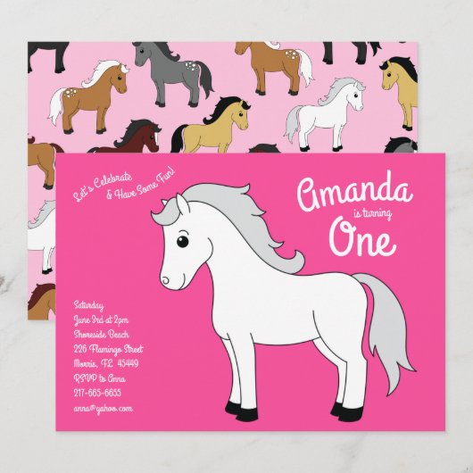 Schattige Paard Kinder 1e Verjaardag Party Roze Me Kaart (Voorkant / Achterkant)