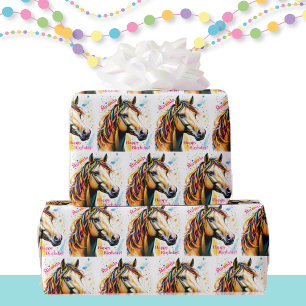 Schattige Paard met Verjaardagslinten Naam toevoeg Cadeaupapier