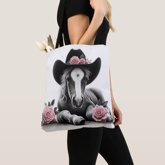 Schattige paardenveulen met roze bloemen tote bag (Dichtbij)