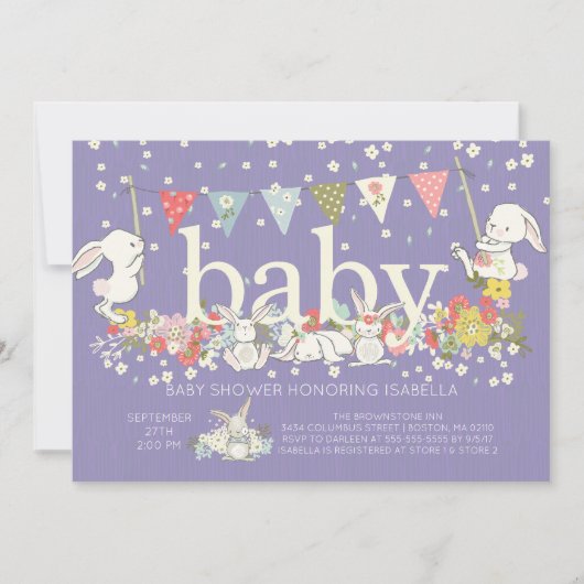 Schattige Paarse Bunny Meisjes Baby shower Invitat Kaart (Voorkant)