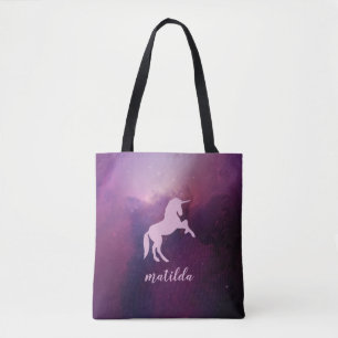 schattige paarse eenhoorn tote bag