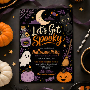 Schattige paarse en oranje spook Halloween-feest Kaart