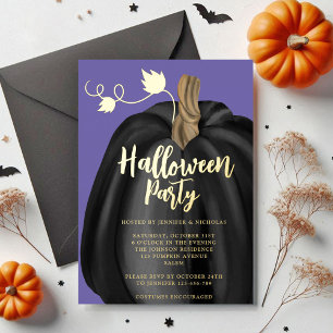 Schattige paarse gouden pompoen Halloween-feest fo Folie Uitnodiging