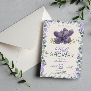 Schattige Paarse & Groene Bloemen Olifant Baby Sho Kaart