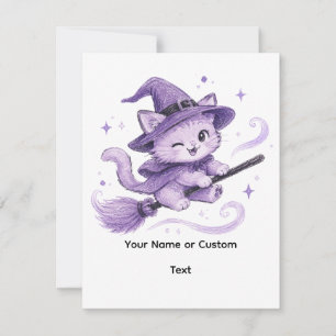 Schattige Paarse Heks Kat op Bezemsteel Halloween Notitiekaartje