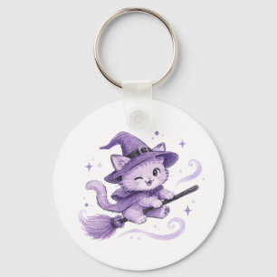 Schattige Paarse Heks Kat op Bezemsteel Halloween Sleutelhanger