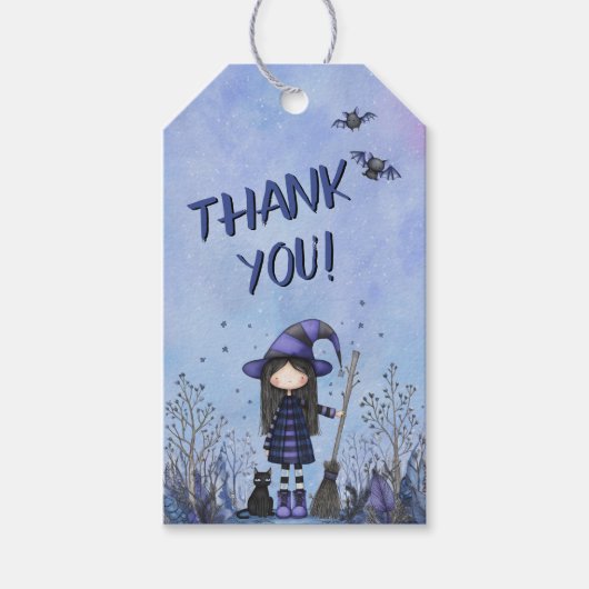 Schattige Paarse Heks Kinderen Halloween Cadeaulabel (Voorkant)